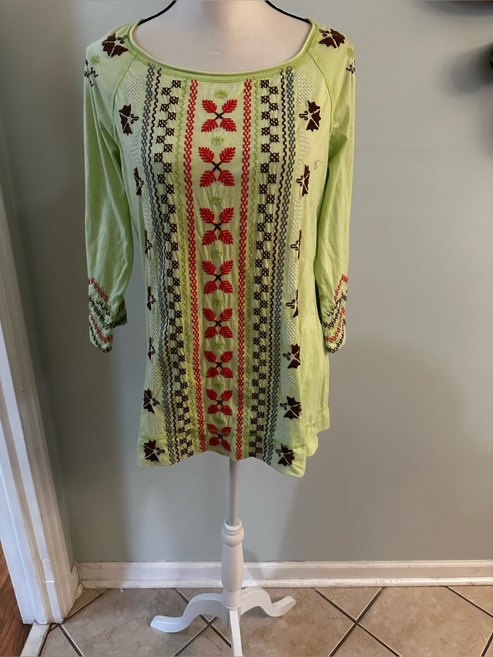 Sundance Light Green Top with Brown Embroidery